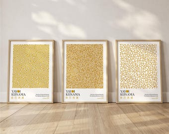Yayoi Kusama Set of 3 Posters: Mustard Wall Decor, Hallway Print, Abstract Dot Art