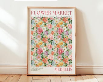 Medellíns blomstermarknad: Färgglad blommig poster, rosa rosväggkonst, sommarkonst för vardagsrummet
