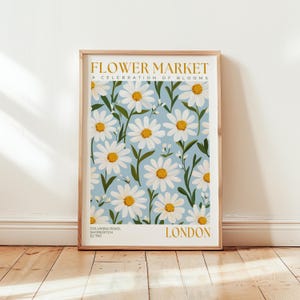 Pôster do Mercado de Flores da Columbia Road - Impressão de Margaridas - Impressão do Mercado de Flores de Londres - Arte de Parede Azul Claro - Arte Floral Amarela - Decoração com Flores Brancas