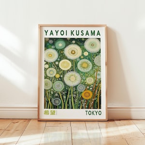 Stampa di tarassaco verde di Yayoi Kusama - Arte murale giapponese - Stampa murale zen - Poster di natura astratta - Arredamento moderno per la casa - Arte estetica verde