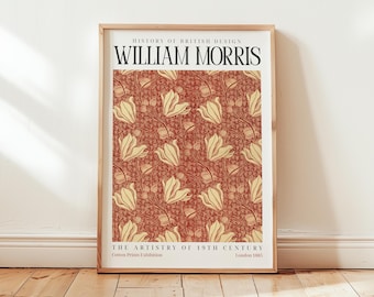 William Morris tulpantryck: Vintage botanisk affisch, röd terrakottaväggkonst, engelsk stugkonst