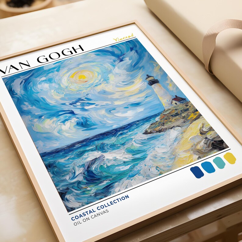 Close-up of a Van Gogh-inspired coastal art print laid flat on a table, partially wrapped in kraft paper. The painting showcases a bold seascape with a bright sun and swirling clouds above crashing waves and a lighthouse on rocky ground. Painted in thick, expressive strokes, the print is titled “Coastal Collection” with four swatches of ocean-inspired colors at the bottom.