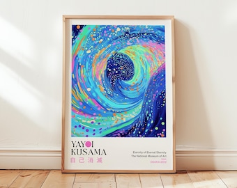 Yayoi Kusama Wave Print: Japansk abstrakt poster, blå prickig väggkonst, modern vardagsrumsinredning