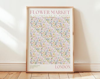 London Flower Market Poster: Columbia Road Flower Print, Modern Floral Wall Art, Pastel Pink Bedroom Wall Decor
