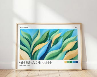 Georgia O'Keeffe Green Leaves Poster: Abstract Flower Art, Living Room Print, Sky Blue Floral Home Decor