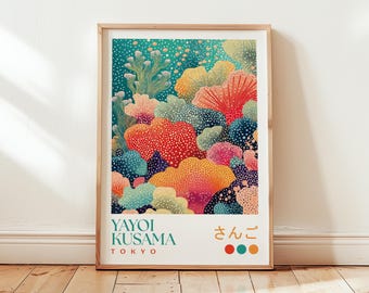 Yayoi Kusama Coral Poster: Turquoise Bathroom Print, Red Yellow Sea Garden Wall Art, Bright Tropical Wall Decor, Japanese Polka Dot Art