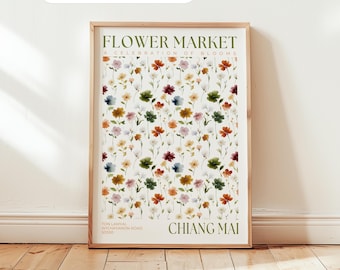 Flower Market Art Print: Chiang Mai Poster, Thailand Travel Wall Art, Green Botanical Art