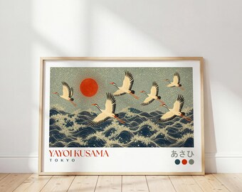 Yayoi Kusama flygande kranar-poster: Japansk marin väggkonst, abstrakt rött tryck, modern väggdekoration för vardagsrum