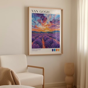 Wall-mounted Van Gogh-inspired print beside a light curtain and sculpted pedestal. Purple lavender fields stretch into a textured orange and blue sky. “VAN GOGH” title, “SPRING COLLECTION” text, and vivid swatches complete the composition. Bright natural lighting enhances the colors.