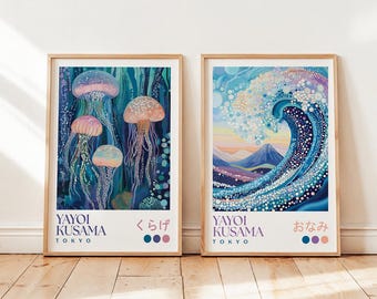 Yayoi Kusama Jellyfish Wave Set of Two Posters: Modern Japanese Home Decor, Bedroom Wall Art, Japanese Dot Print