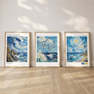 May include: Three framed art prints in the style of Van Gogh, depicting coastal scenes. The prints show crashing waves, seagulls, and a lighthouse. The colour palette includes blues, whites, and yellows. The text "Van Gogh" is at the top of the first print.