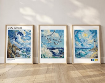Van Gogh Set of 3 Prints: Blue Sea Coastal Wall Art