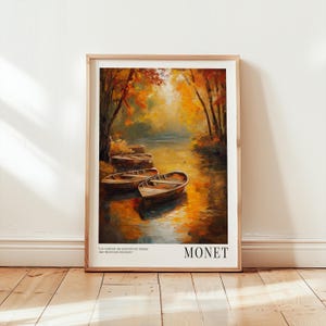 Decoración de otoño de Claude Monet - Póster de otoño - Impresión de barco fluvial - Impresionista francés - Póster de exposición - Pintura naranja - Regalo para amantes de la naturaleza