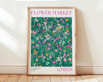 London Flower Market Art Print: Green Botanical Poster, Floral Bedroom Wall Art, Pink Flower Painting