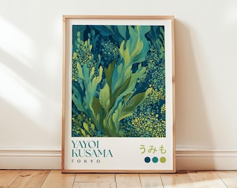 May include: A framed art print featuring a vibrant abstract depiction of aquatic plants in shades of green and blue. The artwork includes the text "YAYOI KUSAMA TOKYO" and Japanese characters. The print is displayed on a wooden floor.