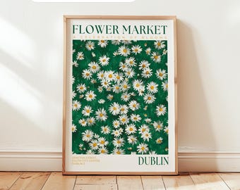 Dublin Flower Market Print: Daisy Flower Poster, Travel Wall Decor, Green Bedroom Wall Art