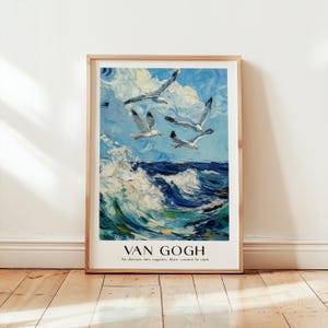 Lámina de gaviota de Van Gogh - Arte para baño - Pintura costera - Arte mural oceánico - Láminas para baño - Póster de exposición - Póster de mar azul - Arte de olas