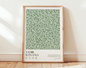 Yayoi Kusama Dot Art Poster: Salviagrön väggkonst, Japanska tryck, Modern sovrumsväggkonst