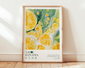Yayoi Kusama Marmortryck: Japansk gul poster, abstrakt grön väggkonst, modern kökskonst