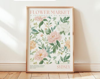 Sydney Flower Market-tryck: Blushblommig poster, botanisk pionväggkonst, vintage sovrumskonst
