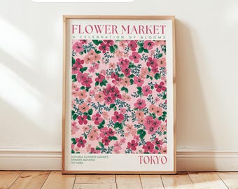 Flower Market Tokyo Wall Art: Pink Floral Print, Botanical Poster, Japan Decor