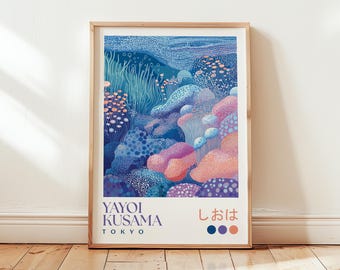 May include: Framed art print featuring a colorful, abstract underwater scene. The artwork showcases a variety of coral and plant life in shades of blue, purple, and orange. The print includes the text "YAYOI KUSAMA TOKYO" and Japanese characters.