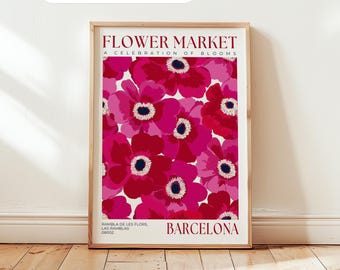 Flower Market Barcelona Print: Red Blooms, Floral Art, Travel Decor