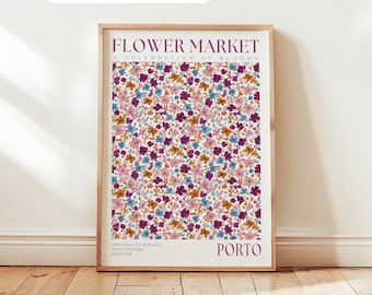 Flower Market Wall Art: Porto Art Prints, Purple Bedroom Art, Portugal Travel Poster, Custom Wall Decor