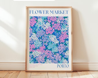 Porto Flower Market Poster: Blue Flower Print, Portugal Travel Wall Decor, Bedroom Wall Art