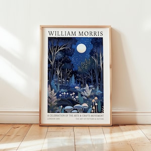 William Morris Poster Vollmond - Nachtwald Druck - Pilz Kunstdruck - Blaue Wald Kunst - Cottagecore Wandkunst - Magisches Walddekor