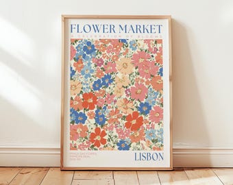 Lisbon Flower Market Print: Portugal Travel Wall Art, Coral Pink Bedroom Poster, Floral Pattern Art