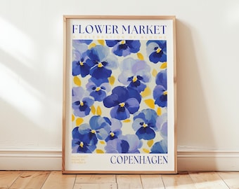 Copenhagen Flower Market Poster: Floral Art Print, Blue Decor, Living Room, Gifts