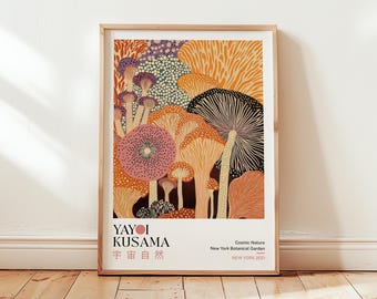 Yayoi Kusama Modern Mushroom Print: Abstract Nature Poster, Orange Bedroom Wall Art, Modern Wall Decor