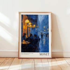 Claude Monet Rainy Cafe Print - City Night Painting - Blue Wall Decor - Street Cafe Wall Art - Street Light Poster - Impressionist Art