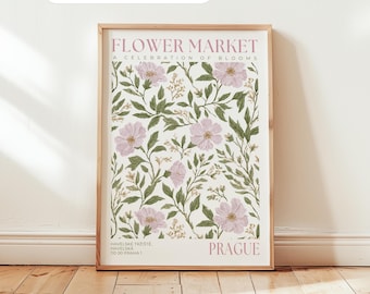 Prags blomstermarknad - Poster: Lila blommig poster, botanisk väggkonst med vildros, vintage sovrumskonst