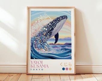Yayoi Kusama Whale Print: Modern Japanese Wall Art, Dark Blue Ocean Poster, Abstract Bedroom Decor