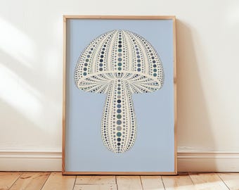 Yayoi Kusama Mushroom Poster: Blue Art, Bedroom Wall Decor, Abstract Dot Print