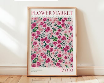 Flower Market Kyoto Print: Floral Wall Art, Japanese Decor, Pink Blooms