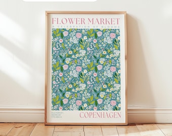 Copenhagen Flower Market Poster: Turquoise Bedroom Prints, Denmark Travel Wall Art, Flower Art