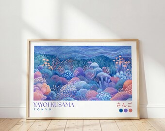 Yayoi Kusama Korallrev Poster: Japansk blå väggkonst, abstrakt lila tryck, modern sovrumsväggdekor