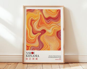 Yayoi Kusama virveltryck: Japansk abstrakt poster, orange väggkonst, modern marmorkonst