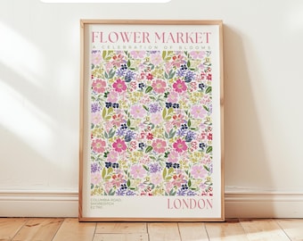 London Flower Market Poster: Columbia Road Print, Pink Floral Wall Art, Spring Flower Art
