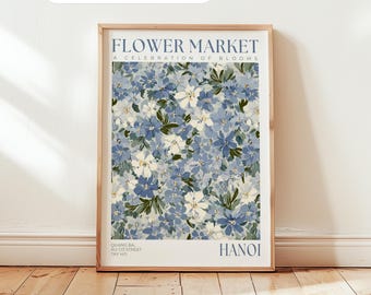 Hanoi Flower Market Print: Vietnam Travel Poster, Blue Flower Wall Art, Gift For Traveller