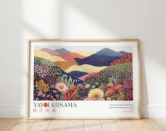Yayoi Kusama bergstryck: Japansk blommig poster, färgglad väggkonst, abstrakt landskapskonst