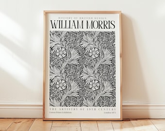 William Morris ringblommatryck: Vintage botanisk affisch, svart viktoriansk väggkonst, monokrom blomsterkonst