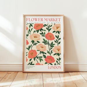 Pastel Pink Flower Market Poster - Peony Flower Print - London Travel Poster - Floral Bedroom Decor - Columbia Road Wall Art - Botanical Art