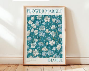 Istanbul Flower Market Poster: Blue Flower Print, Custom City Wall Art, Turkey Travel Art