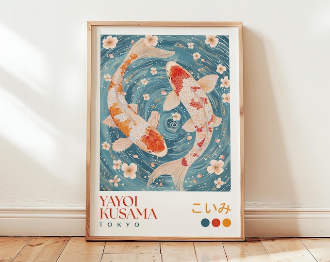 Yayoi Kusama Koi Fish Print: Japanese Modern Art Poster - Light Blue Bedroom Wall Art