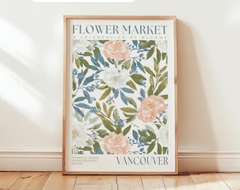 Vancouver Flower Market-tryck: Persikablommig poster, Blush pion-väggkonst, Vårtapet för barnrum
