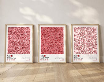 Yayoi Kusama Set of 3 Prints: Living Room Wall Art, Abstract Dot Wall Decor, Red Poster